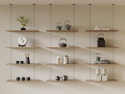 Wall Mounted Wooden Shelves Displaying Tea Sets Teapots Teacups And Decorative Items 3d model