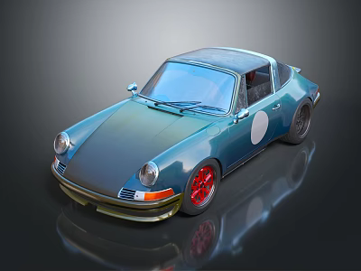 Blue Vintage Sports Car With Transparent Roof Red Wheels And Circular White Sticker 3d model