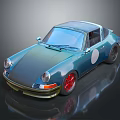 Blue Vintage Sports Car With Transparent Roof Red Wheels And Circular White Sticker