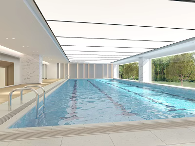 Modern Indoor Swimming Pool With Skylight Large Windows Green Views Tile Flooring And Handrails 3d model