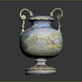 Ornate Furniture Vase With Double Snake Handles Colorful Painted Scenes And Decorative Base