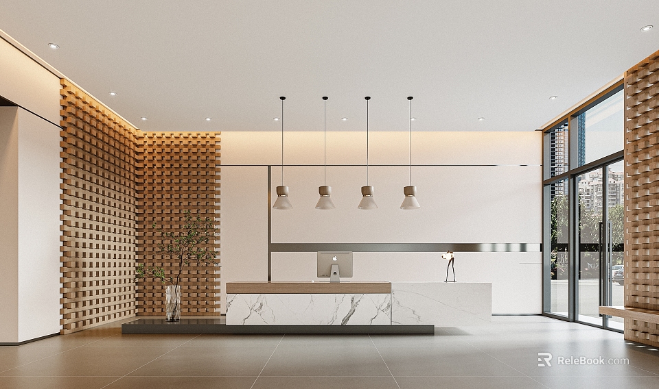 Modern Reception Desk In Spacious Lobby With Marble Countertop Wooden Panel Wall And Pendant Lights 3d model 