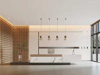 Modern Reception Desk In Spacious Lobby With Marble Countertop Wooden Panel Wall And Pendant Lights 3d model