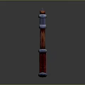 Medieval Battle Axe With Intricate Carvings On Metal Blade And Red Wooden Handle