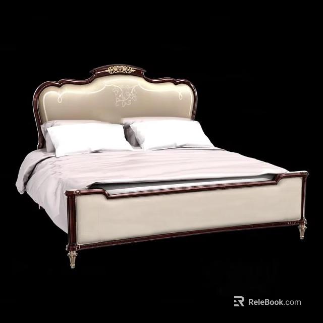 Classic Double Bed With Carved Headboard Cream Upholstery And Dark Wood Frame 3d model 
