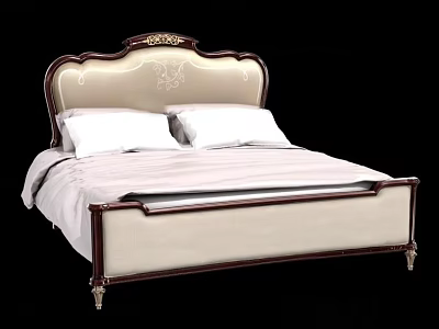 Classic Double Bed With Carved Headboard Cream Upholstery And Dark Wood Frame 3d model