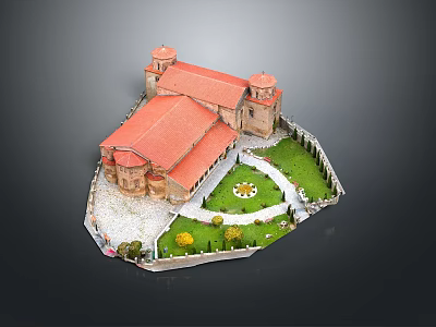 Classical Building with Red Roof and Twin Towers Surrounded by Green Lawn and Circular Garden 3d model