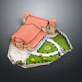 Classical Building with Red Roof and Twin Towers Surrounded by Green Lawn and Circular Garden