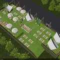 Garden Landscape Design With Green Lawn White Tents Umbrellas Seats And Wooden Fences