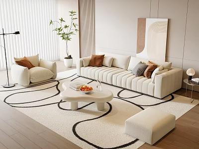 Modern Sofa and Coffee Table Set With Minimalist Design Throw Pillows and Area Rug 3d model