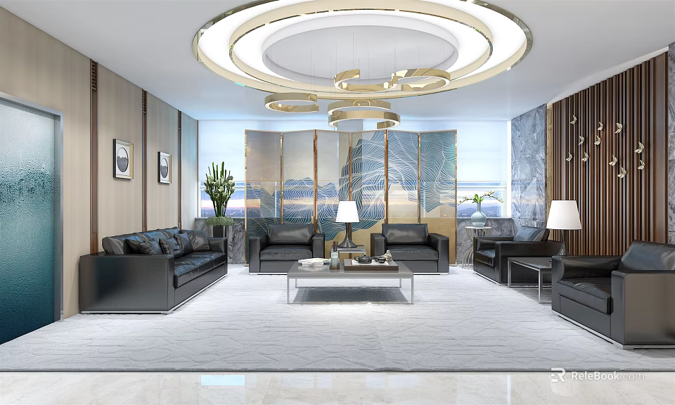 Modern Elegant Reception Room Interior Design With Black Sofas Circular Chandelier And Coffee Table 3d model