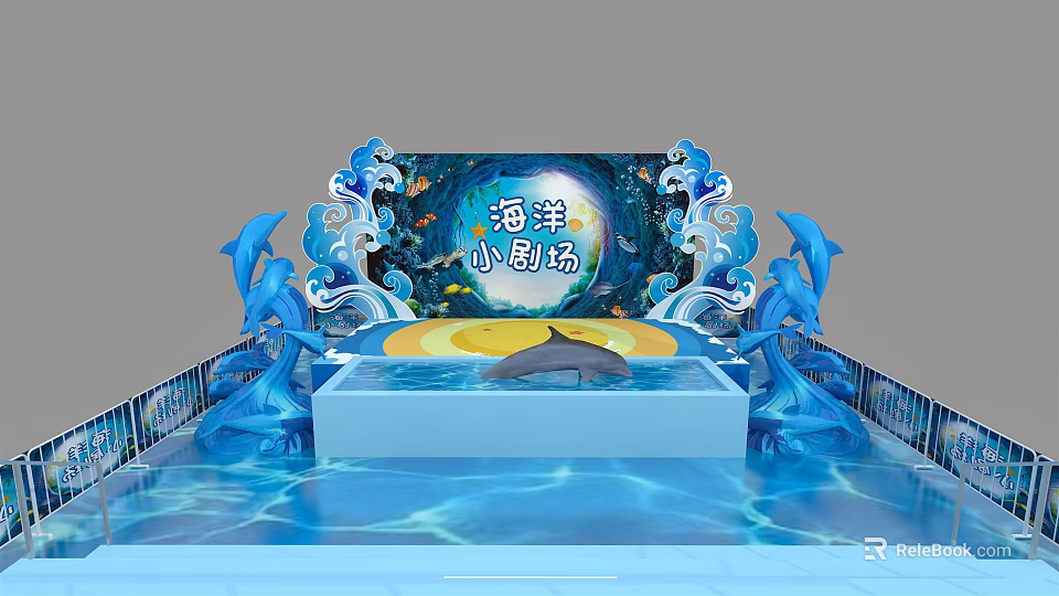 Marine Mini Theater Stage Design With Dolphin Sculptures And Blue Water Pool 3d model 