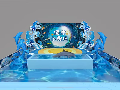 Marine Mini Theater Stage Design With Dolphin Sculptures And Blue Water Pool 3d model
