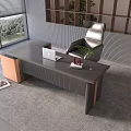 Modern Office Interior Design With Large Desk Laptop Green Plant And Striped Wall