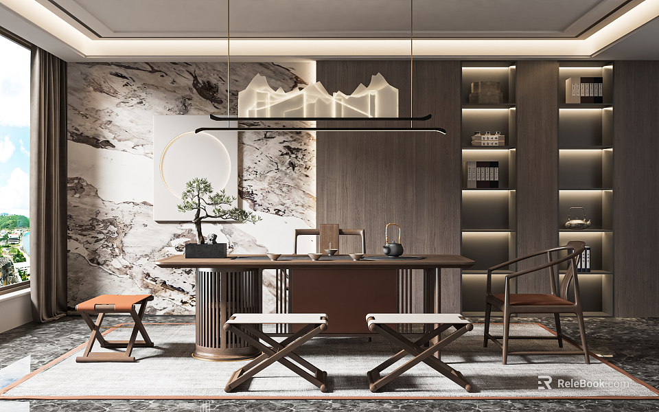 Traditional Tea Room Interior With Mountain Landscape Wall Hanging Pendant Light And Wooden Furniture 3d model 