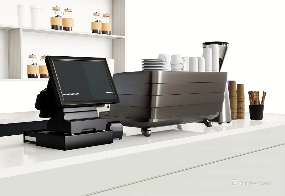 Modern Kitchen Appliances Setup With Coffee Machine Cash Register Cups And Containers 3d model 