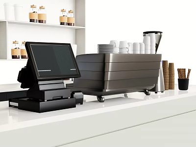 Modern Kitchen Appliances Setup With Coffee Machine Cash Register Cups And Containers 3d model