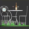 Round White Metal Dining Table With Two Chairs Blue Patterns On Green Grass Pink Flowers