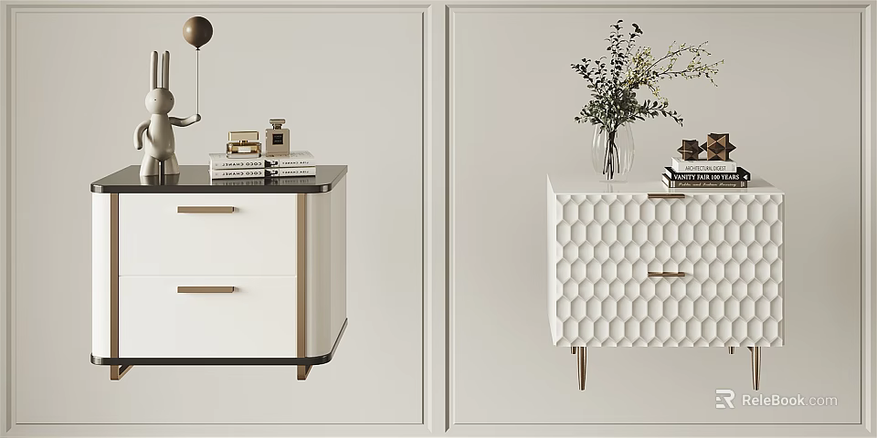 White Bedside Tables Featuring Drawers Honeycomb Texture Books Vase And Decorative Rabbit 3d model 