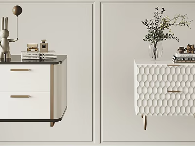 White Bedside Tables Featuring Drawers Honeycomb Texture Books Vase And Decorative Rabbit 3d model