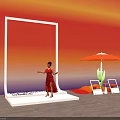 Woman In Red Dress Standing By White Frame With Orange Umbrella Chairs And Cactus