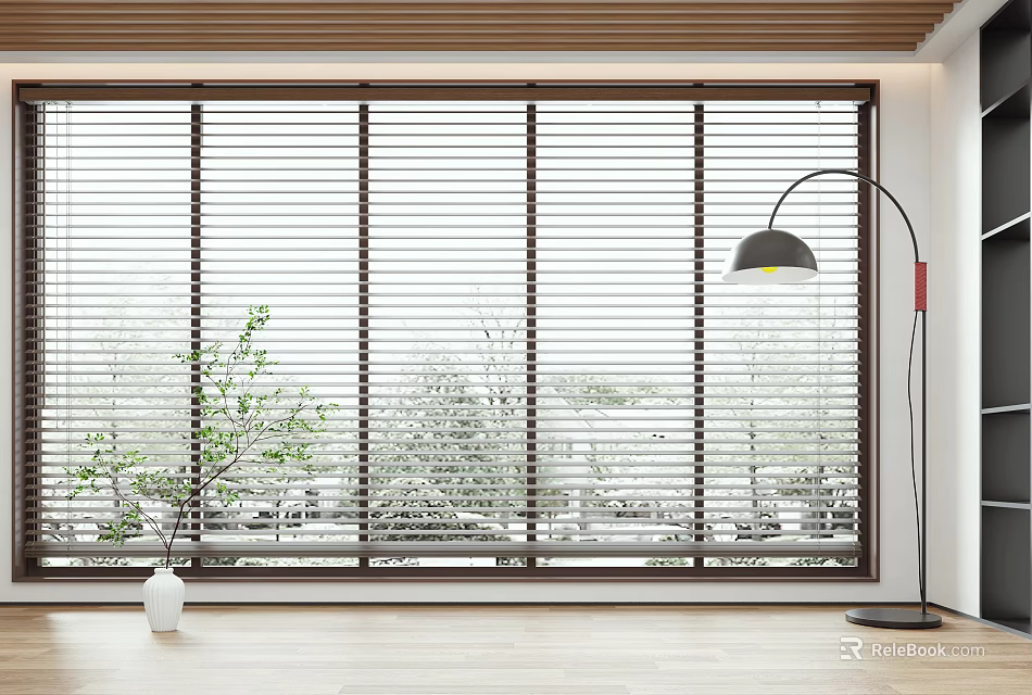 Wooden Blinds Covering Large Window with Green Trees View and Floor Lamp on Wooden Floor 3d model 