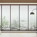 Wooden Blinds Covering Large Window with Green Trees View and Floor Lamp on Wooden Floor