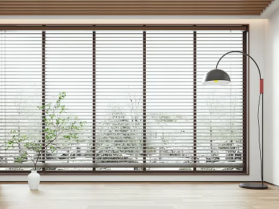 Wooden Blinds Covering Large Window with Green Trees View and Floor Lamp on Wooden Floor 3d model
