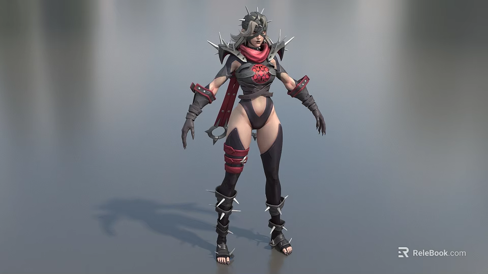 Game Character In Black And Red Spiked Armor With Leather Boots And Combat Stance 3d model 