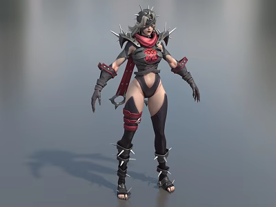 Game Character In Black And Red Spiked Armor With Leather Boots And Combat Stance 3d model