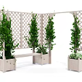 Outdoor Wooden Table and Chair Set With Lattice Screen And Green Plant Planters