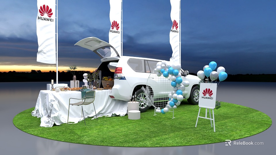 HUAWEI Photo Check In Spot With White SUV Open Trunk Balloons Table Chairs And Flags 3d model 