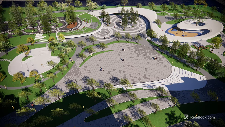 Park Landscape With Lush Trees Open Plaza Winding Paths And Green Lawns 3d model 