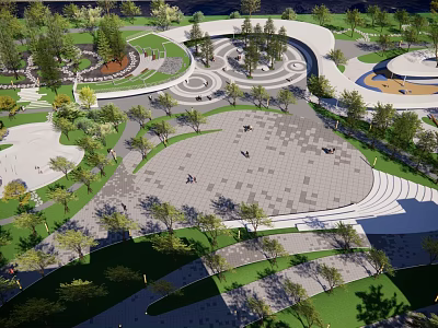 Park Landscape With Lush Trees Open Plaza Winding Paths And Green Lawns 3d model