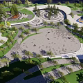 Park Landscape With Lush Trees Open Plaza Winding Paths And Green Lawns