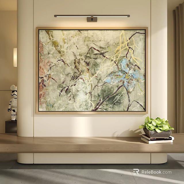 Abstract Landscape Painting In Modern Interior With Plant And Sculpture 3d model 