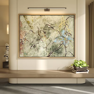 Abstract Landscape Painting In Modern Interior With Plant And Sculpture 3d model