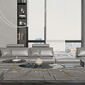 Modern Gray Sofa and Coffee Table Set with Floor to Ceiling Windows and City View 3d model