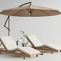 Wooden Lounge Chairs With White Cushions Under Beige Sunshade Umbrella And Table With Green Plant