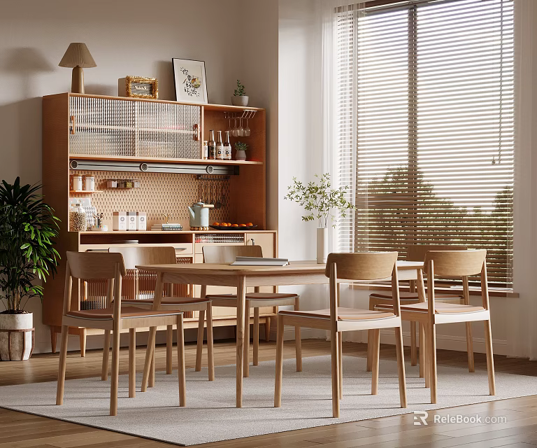 Cozy Natural Restaurant Dining Space With Wooden Table Chairs Shelving Wine Glasses Plant Window Blinds 3d model 