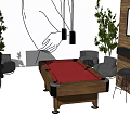 Modern Sports Equipment Pool Table In Interior With Wooden Walls Sofas Plants And Hanging Lamp