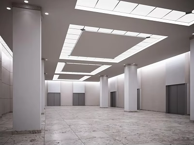Elevator Corridor Interior With Modern Ceiling Lighting White Columns And Marble Floor 3d model