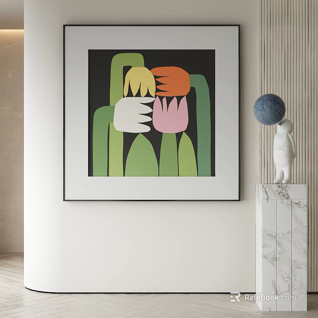 Colorful Abstract Painting Featuring Green Yellow Orange Pink Floral Shapes On White Wall Home Decor 3d model 