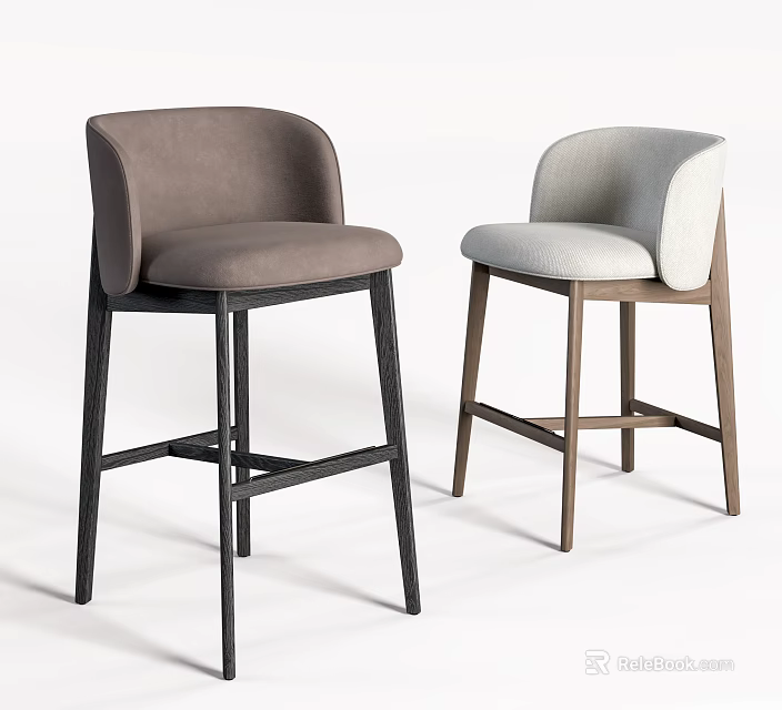 Modern Fabric Upholstered Bar Stools With Curved Backrest Gray Light Gray Seats And Wooden Legs 3d model 