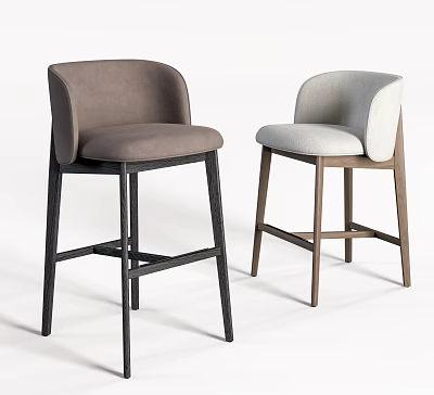 Modern Fabric Upholstered Bar Stools With Curved Backrest Gray Light Gray Seats And Wooden Legs 3d model