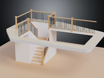 Indoor Staircase And Platform Design With Wooden Handrails And Black Metal Balusters 3d model