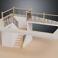 Indoor Staircase And Platform Design With Wooden Handrails And Black Metal Balusters