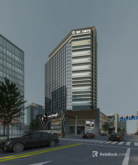 Modern Tall Office Building With Glass Curtain Walls And Commercial Base In Urban Area 3d model 