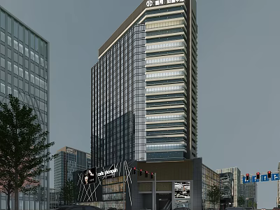 Modern Tall Office Building With Glass Curtain Walls And Commercial Base In Urban Area 3d model