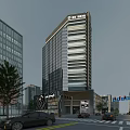 Modern Tall Office Building With Glass Curtain Walls And Commercial Base In Urban Area